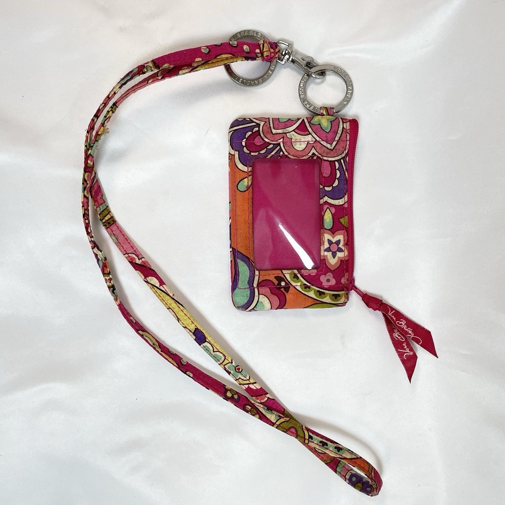 Vera Bradley Pink Swirls Zip ID Case & Lanyard Wallet Card Clear Window Key Ring